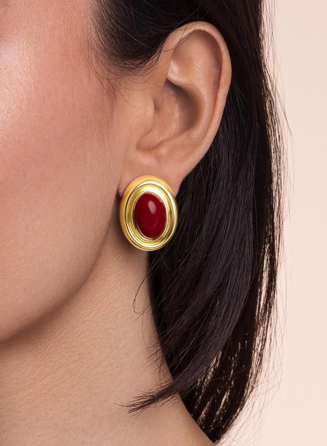Sngia 18K Gold Plated Red Burgundy Maroon Created Resin Carnelian Oval Button Chunky Statement Earrings for Women, Bold Handmade Exaggerated Dome Retro Rounded Button Trendy Bohemian Gemstone Stud Jewelry Gifts, Unique Vintage Baroque Stone Summer Beach Fashion Accessories, Round Thick Circular Nickle Free Huggies Earring. (18K Gold Plated, Maroon) - Image 3